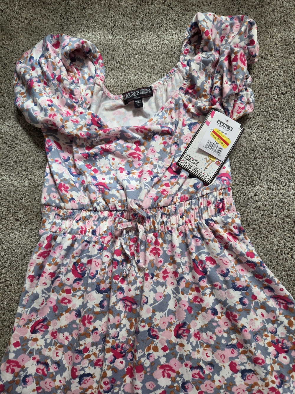 Floral Drawstring Sundress with Pink & Gray Bouquet Print
